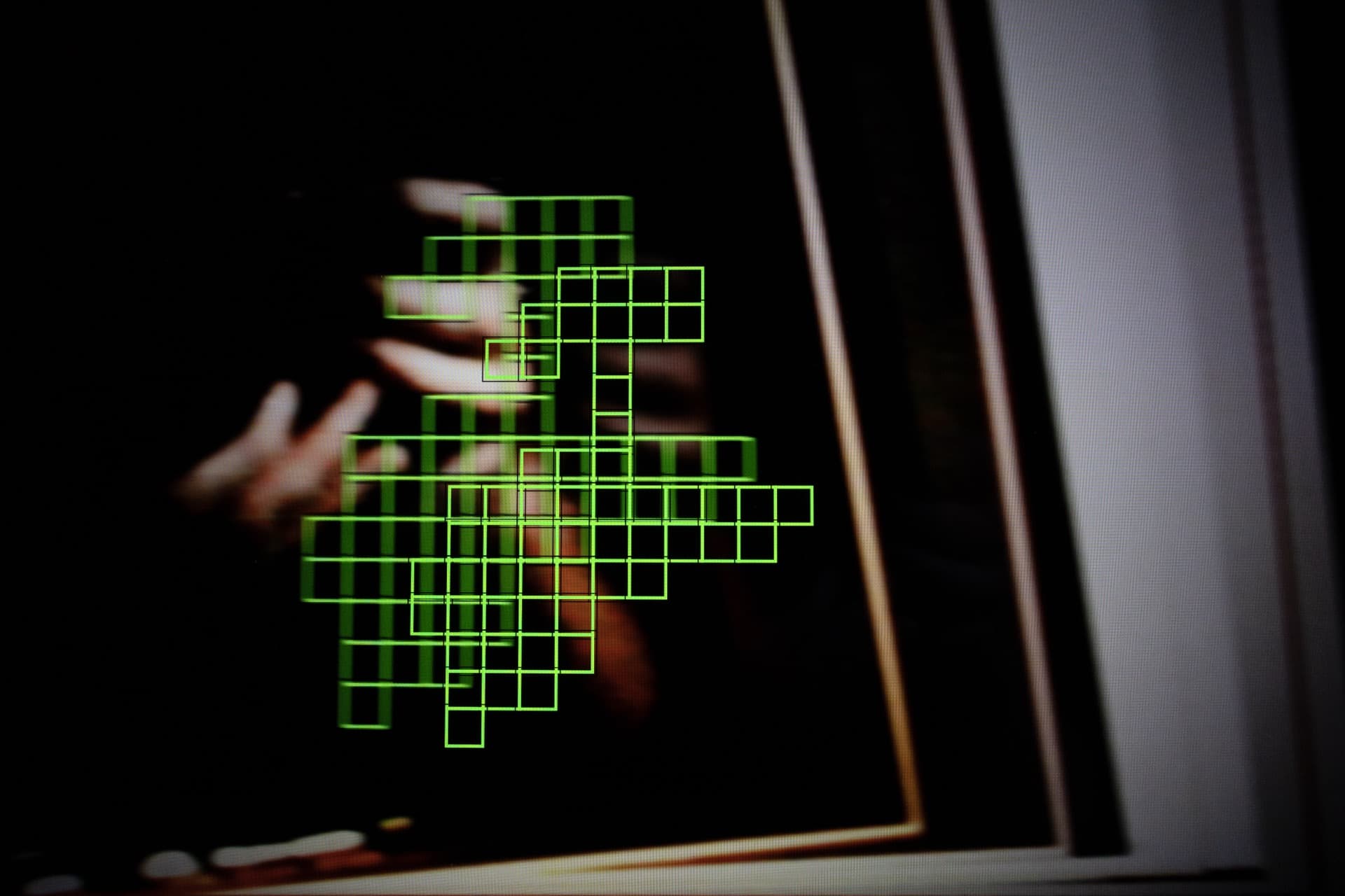 Green autofocus grid overlay photographed on laptop screen, clustered detection points attempting to focus on hand gesture, recursive feedback creating irregular pattern