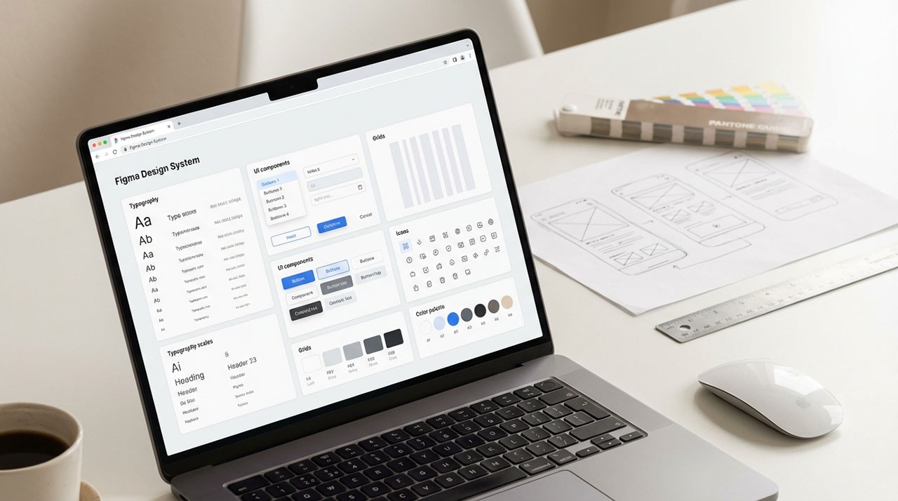 Fotografía de un espacio de trabajo que muestra un monitor con software de diseño profesional junto a wireframes dibujados en papel, ilustrando el conjunto de herramientas digitales y analógicas de Carlos López.