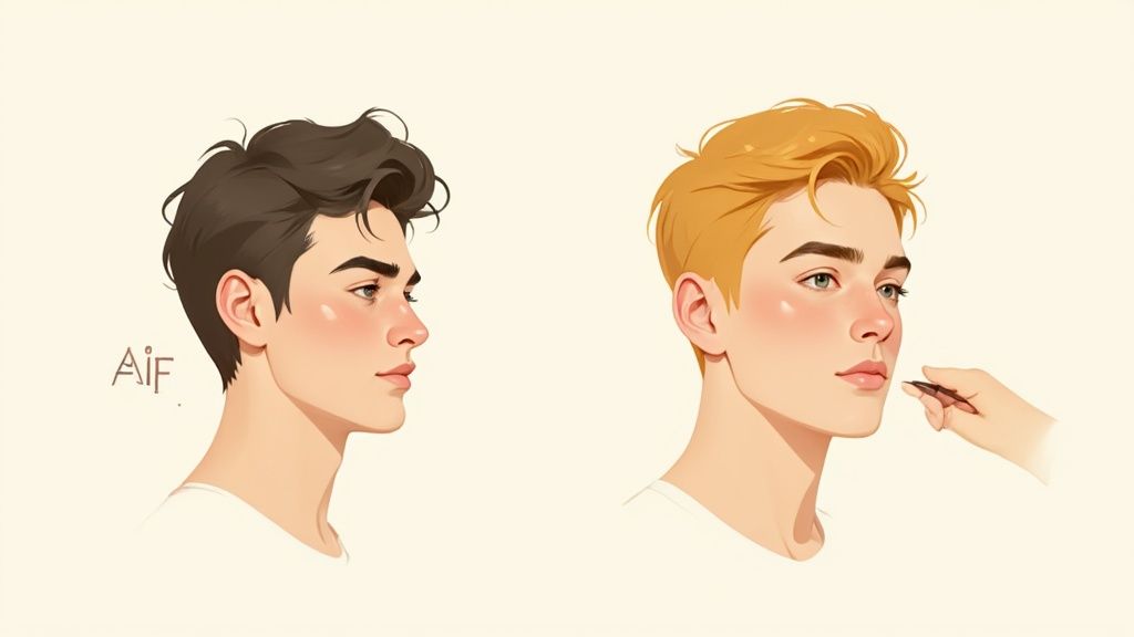 Zwei stilisierte junge Männer mit unterschiedlichen Haarfarben; der rechte wird gestylt.