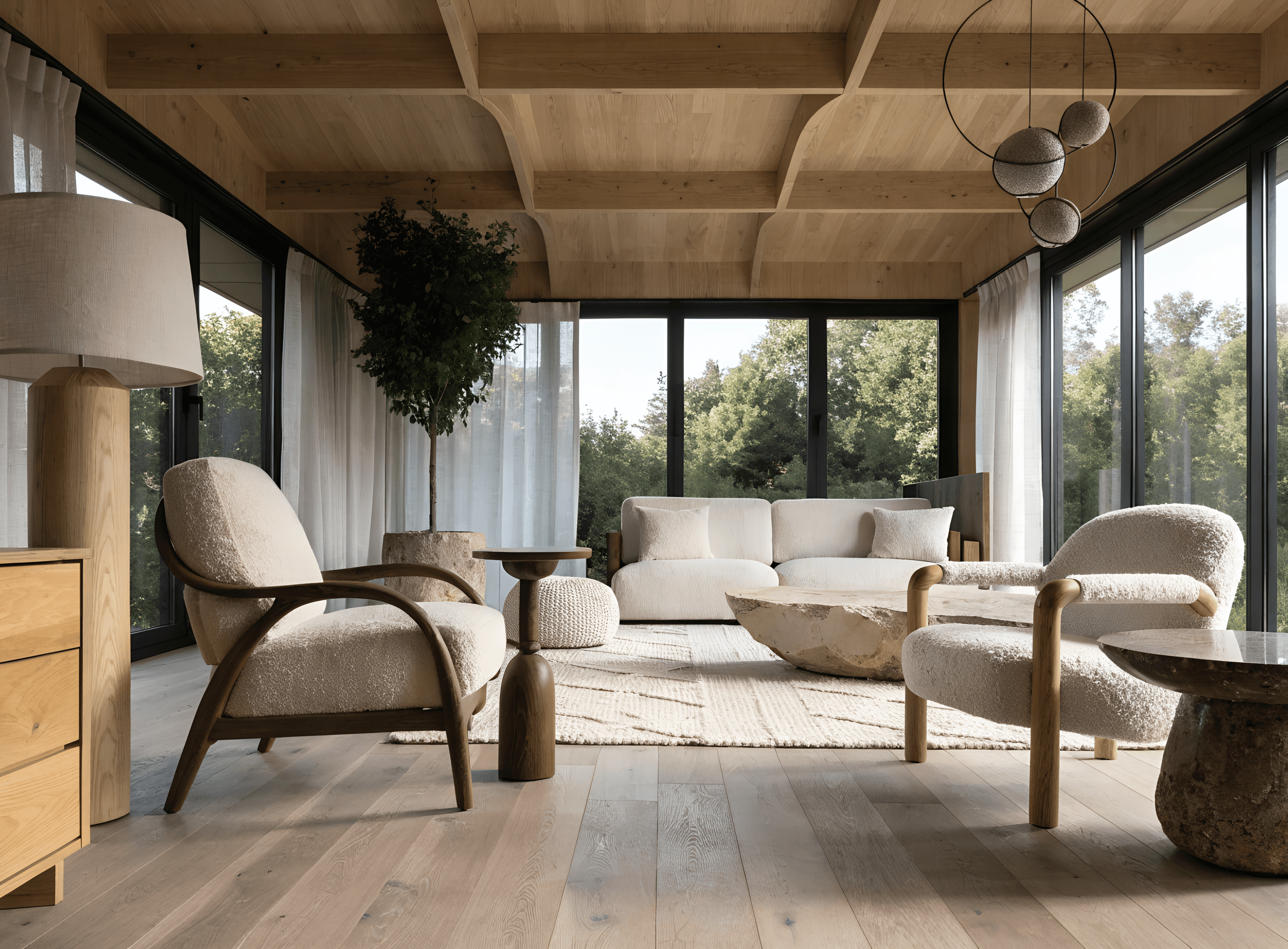 A modern house with large windows, stone facade, and a spacious patio surrounded by greenery.