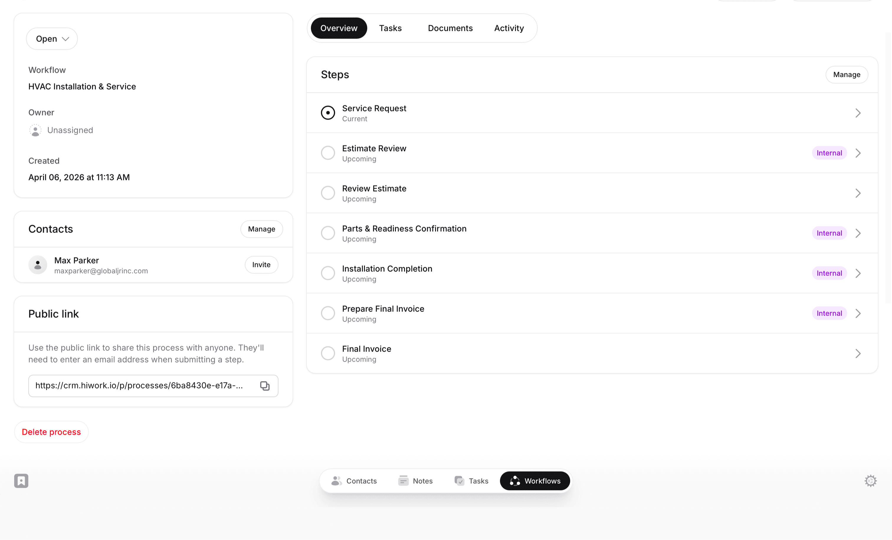 HiWork workflows and crm