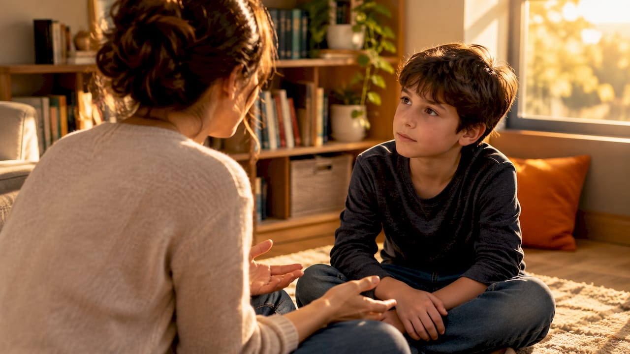 Madre conversando con su hijo sobre el autismo