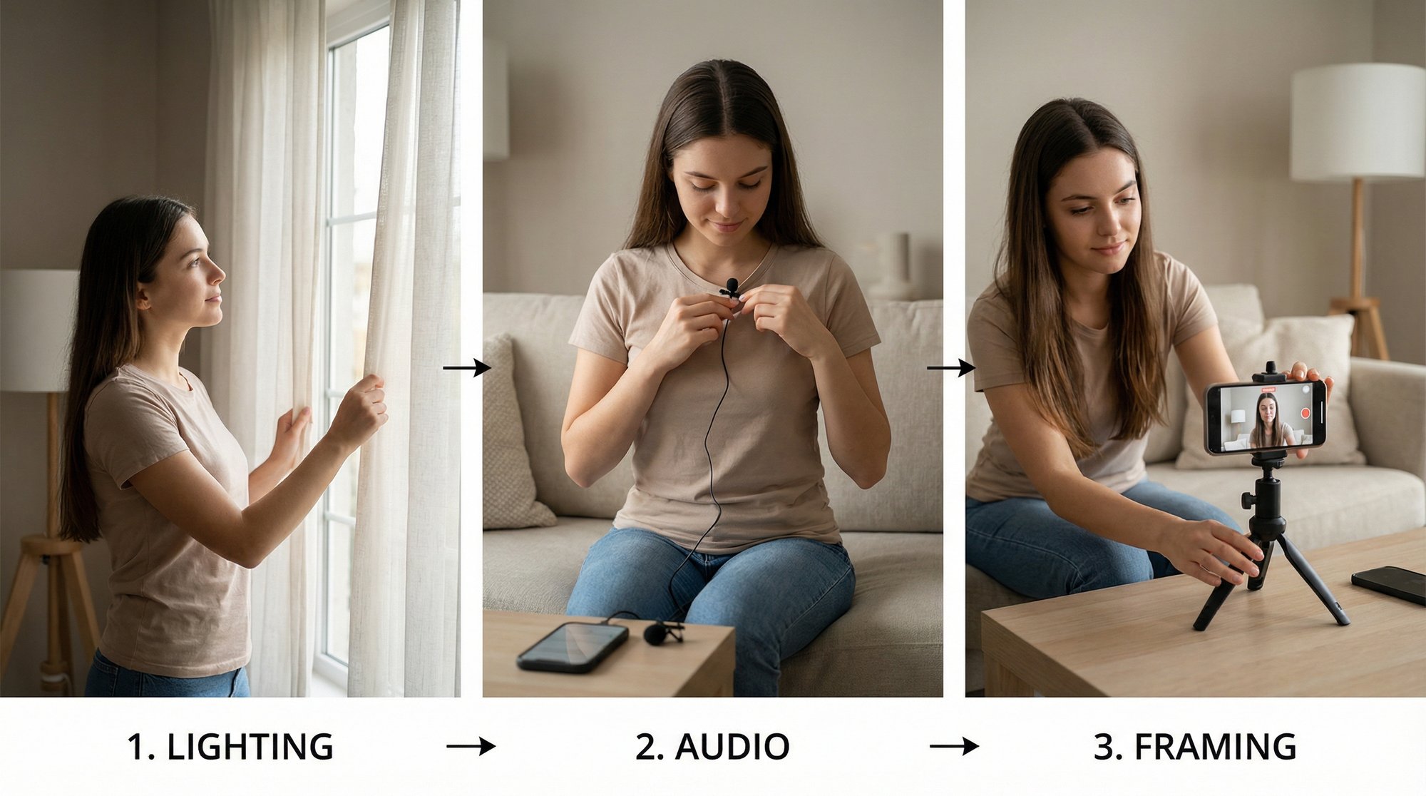 A woman demonstrates three steps to record a video: adjusting lighting, setting up a microphone, and framing with a smartphone.