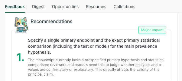 thesify recommendation to specify a single primary endpoint and exact statistical comparison for the main hypothesis.
