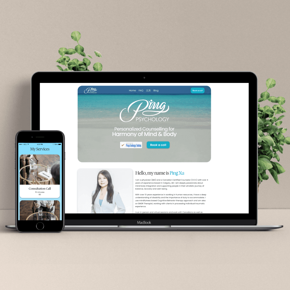 website mockup shown on Mac, IPad and IPhone on top of light surface