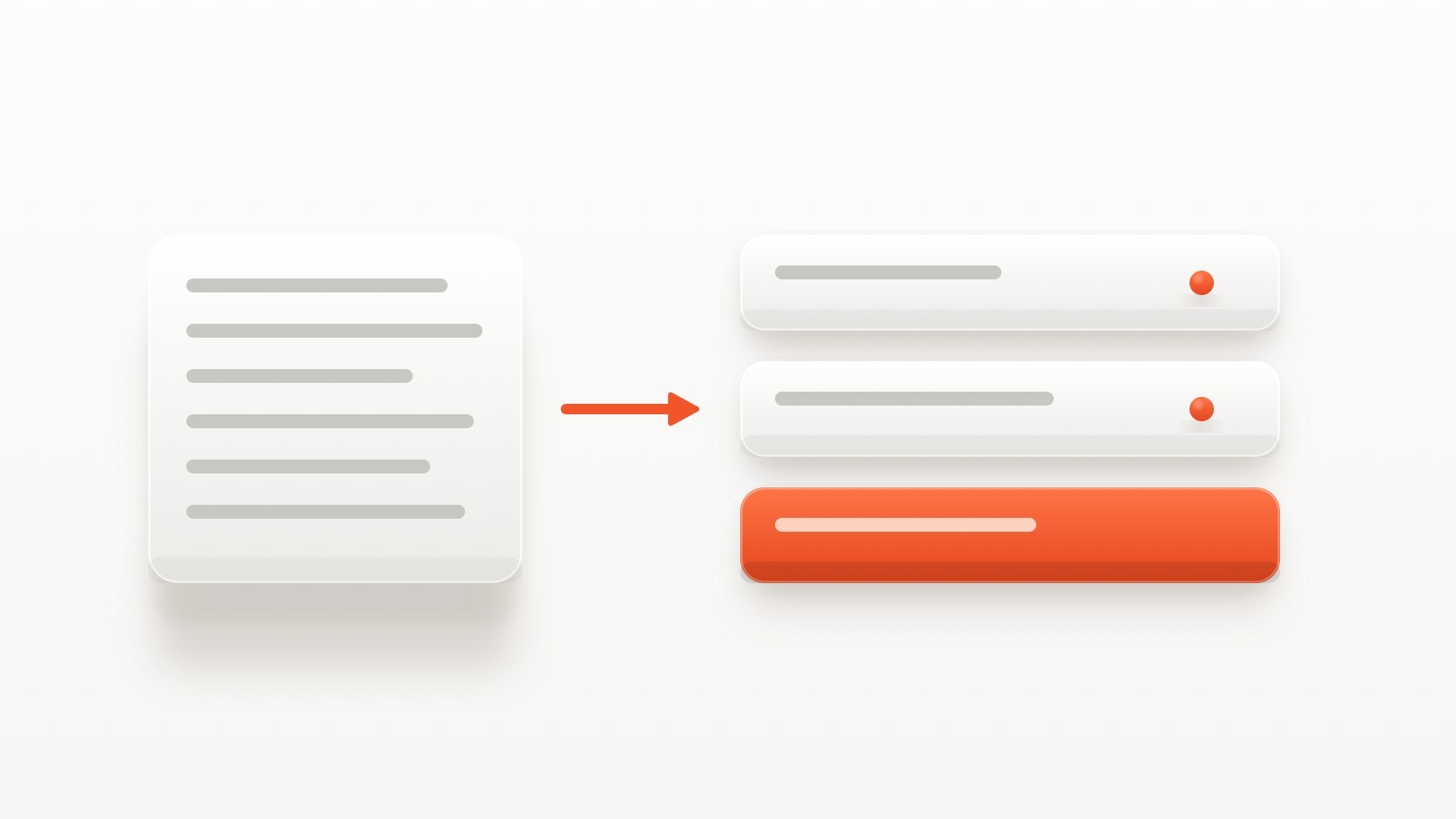 One large card full of notes pointing to three smaller stacked cards, showing research being condensed into a sitemap, user flows and wireframes.