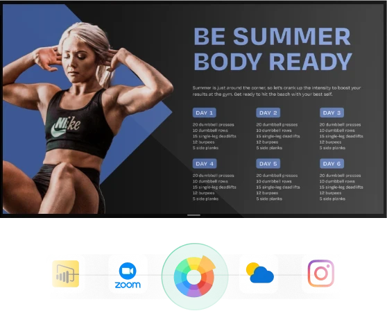A fit individual poses confidently, promoting a summer readiness program with text and icons in the background.