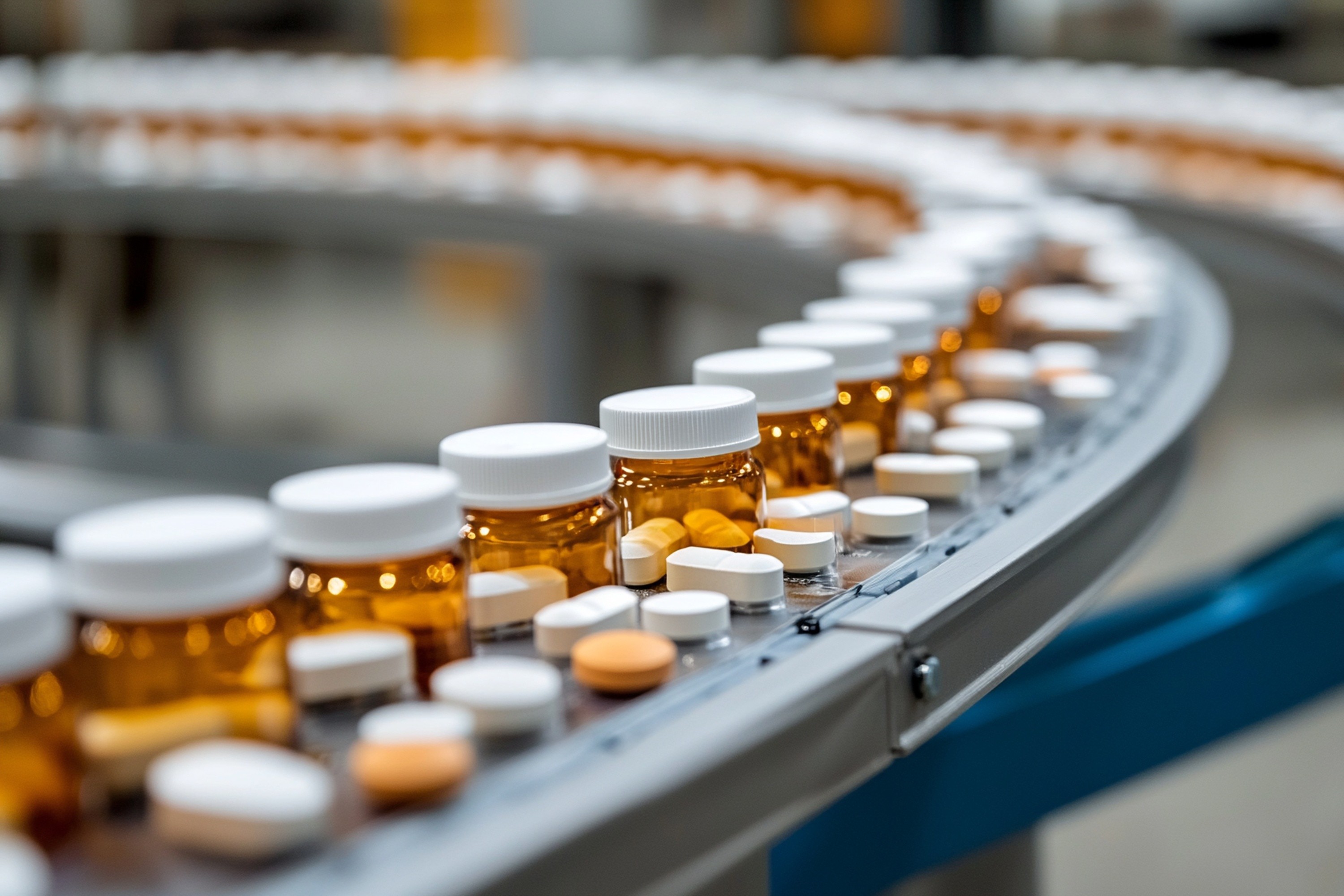 A pharmaceutical conveyor belt with various pills and pill bottles, highlighting the process of medical production.