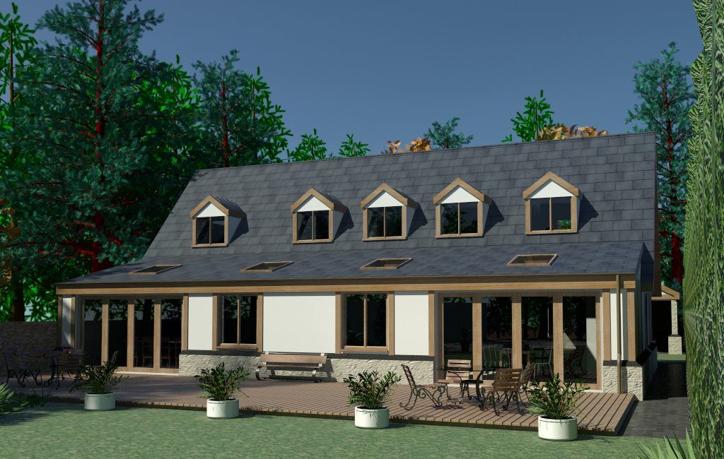 3D architectural visualisation of a proposed dormer bungalow remodel with extended rear veranda, large glazing, and multiple dormer windows.