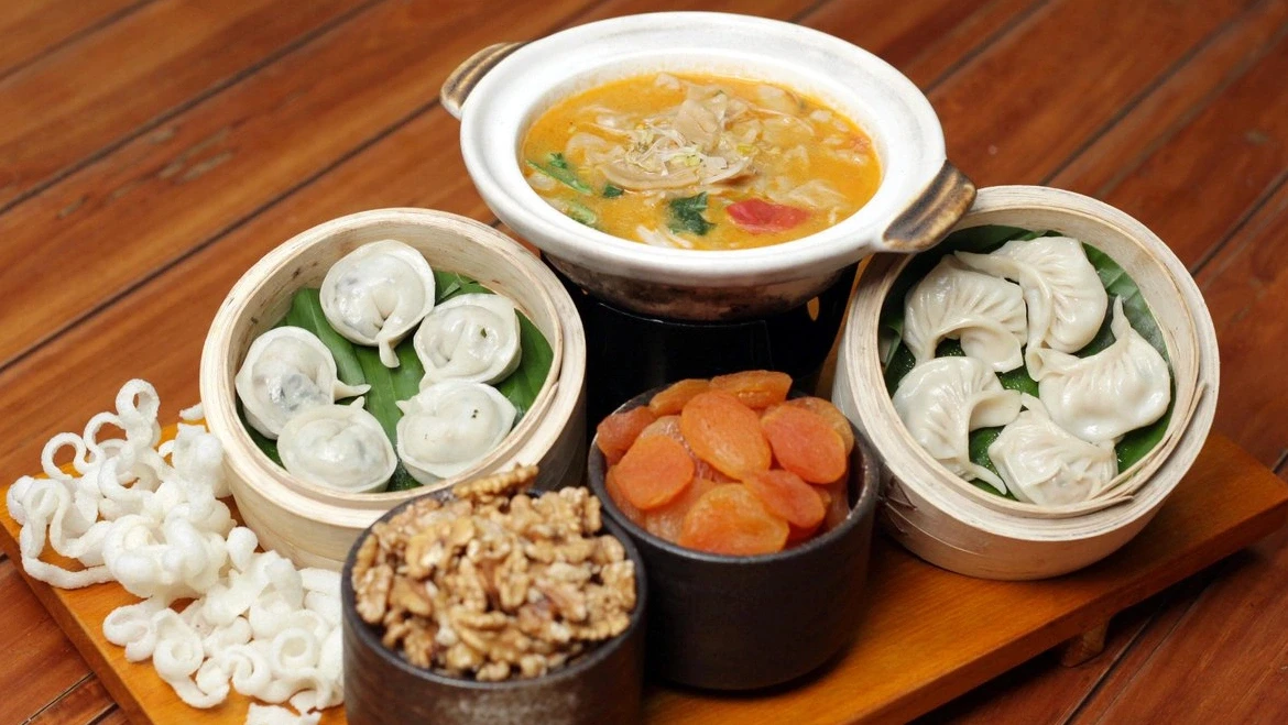 Traditional Ladakhi dumplings and soup meal