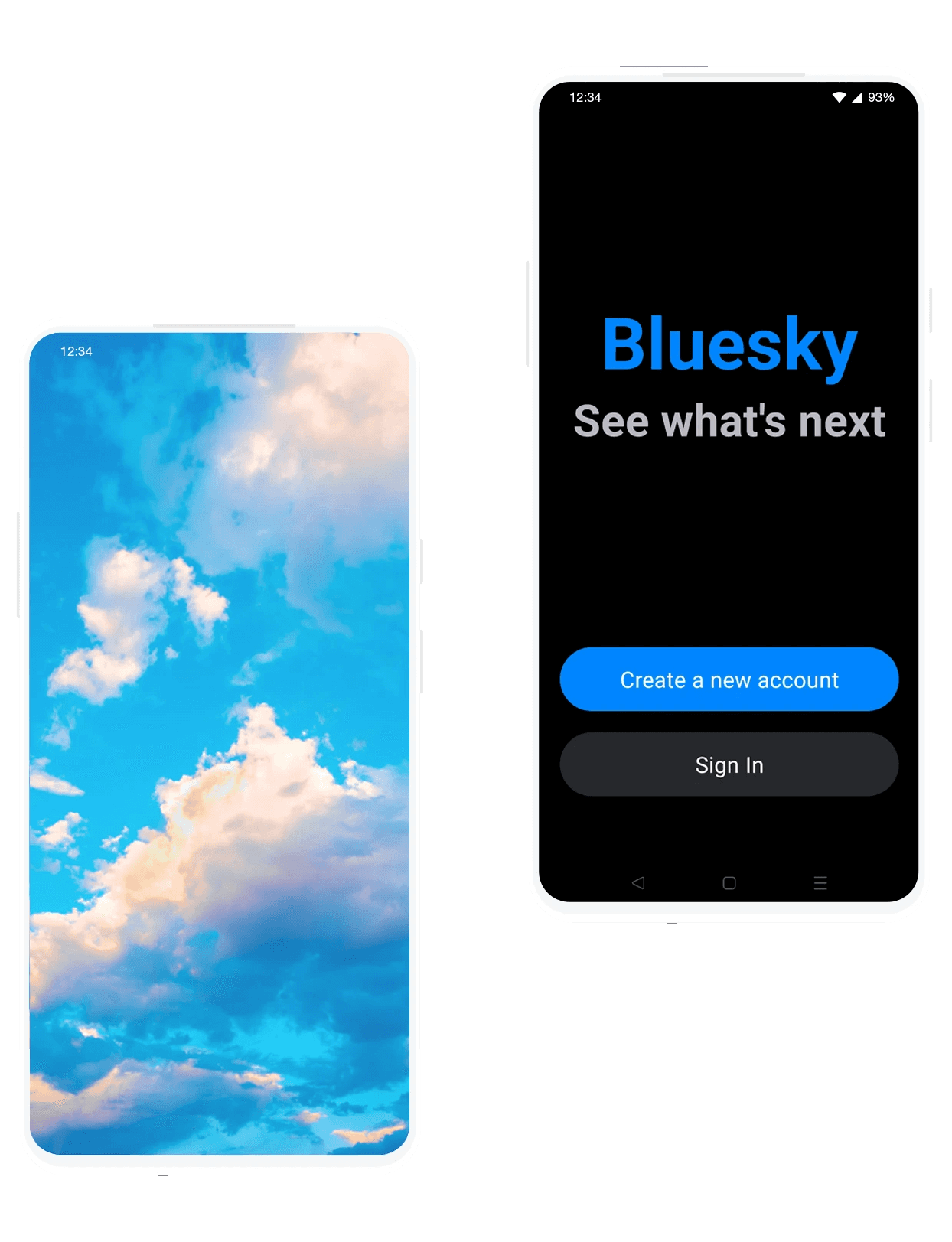An image showing two mobiles next to one another. The first one shows a photo of a sky with clouds in it, and the second shows Bluesky's existing splash screen.