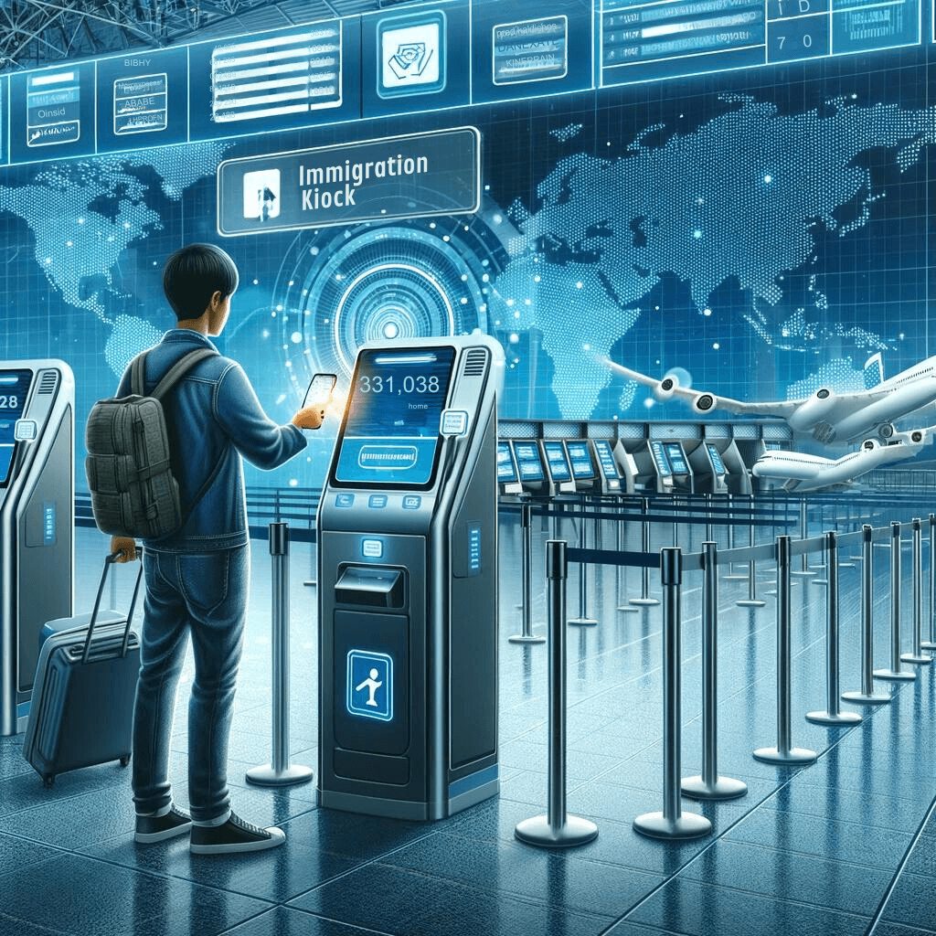Traveler using a smartphone to scan an e-ticket at a digital immigration kiosk in a futuristic airport, symbolizing the convenience and efficiency of e-ticket immigration processes.