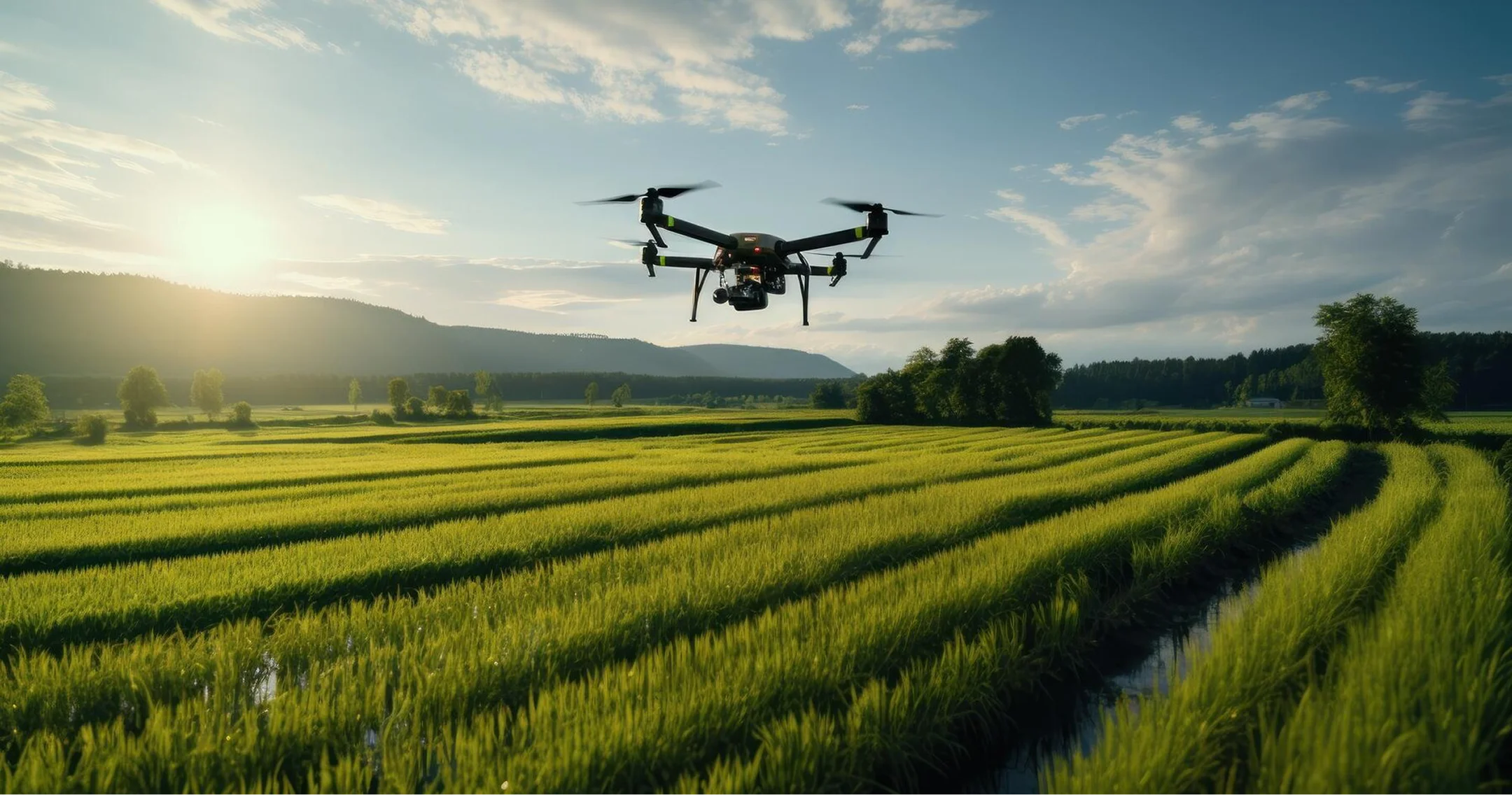 Agricultural drone flying over crops