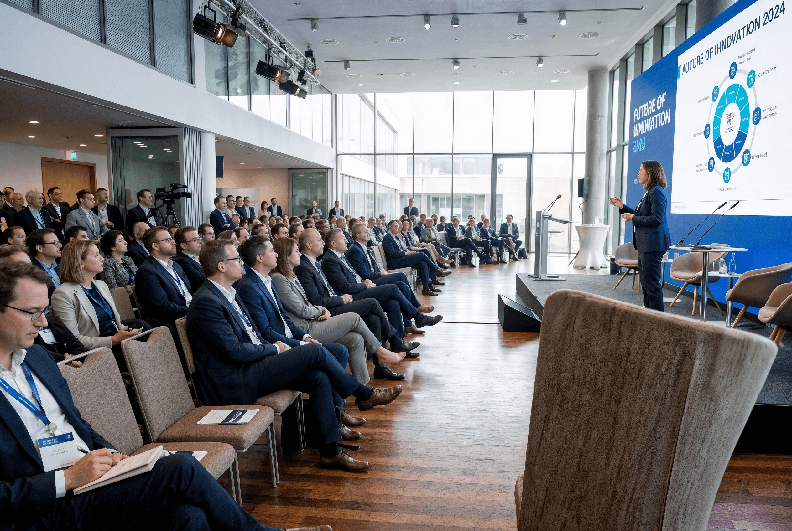 Person sitting in a modern office in front of a wall covered with notes and sketches.