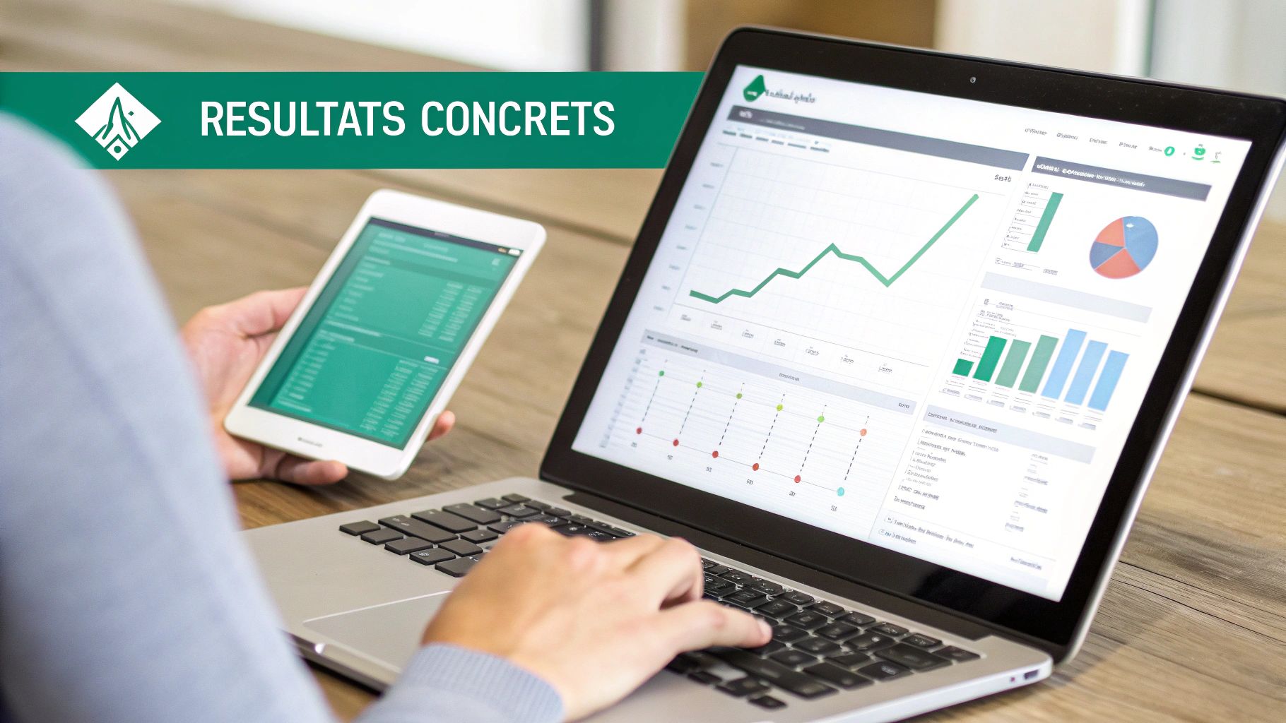 Une personne analyse des données sur un ordinateur portable et une tablette, affichant des graphiques et des résultats concrets.