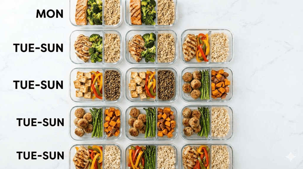 Seven day tirzepatide meal prep containers with high protein meals and vegetables