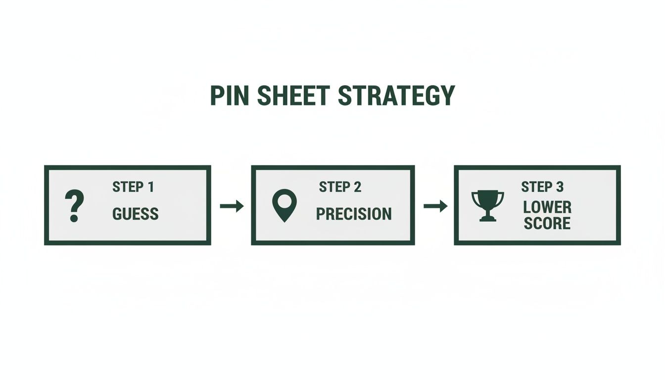 A flowchart illustrates the Pin Sheet Strategy: Step 1 Guess, Step 2 Precision, Step 3 Lower Score.