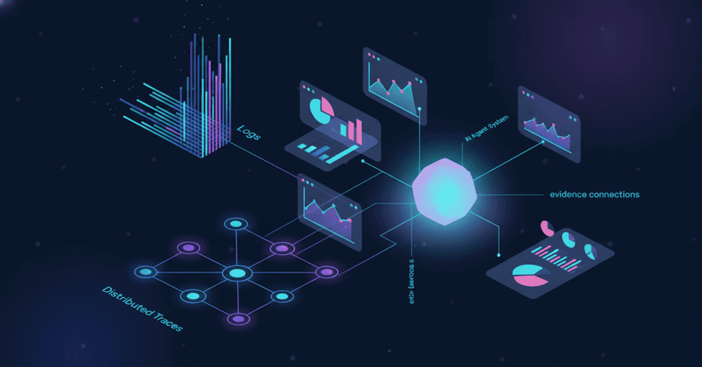 A technical diagram showing an AI agent system querying multiple data sources in parallel: logs streaming as vertical lines, metrics displayed as graphs and charts, and distributed traces shown as connected nodes with pathways. The visual should show these data streams converging into a central analysis point, with evidence connections linking different data types. Dark technology aesthetic with blue and purple accent colors, isometric perspective, clean and modern technical illustration style.