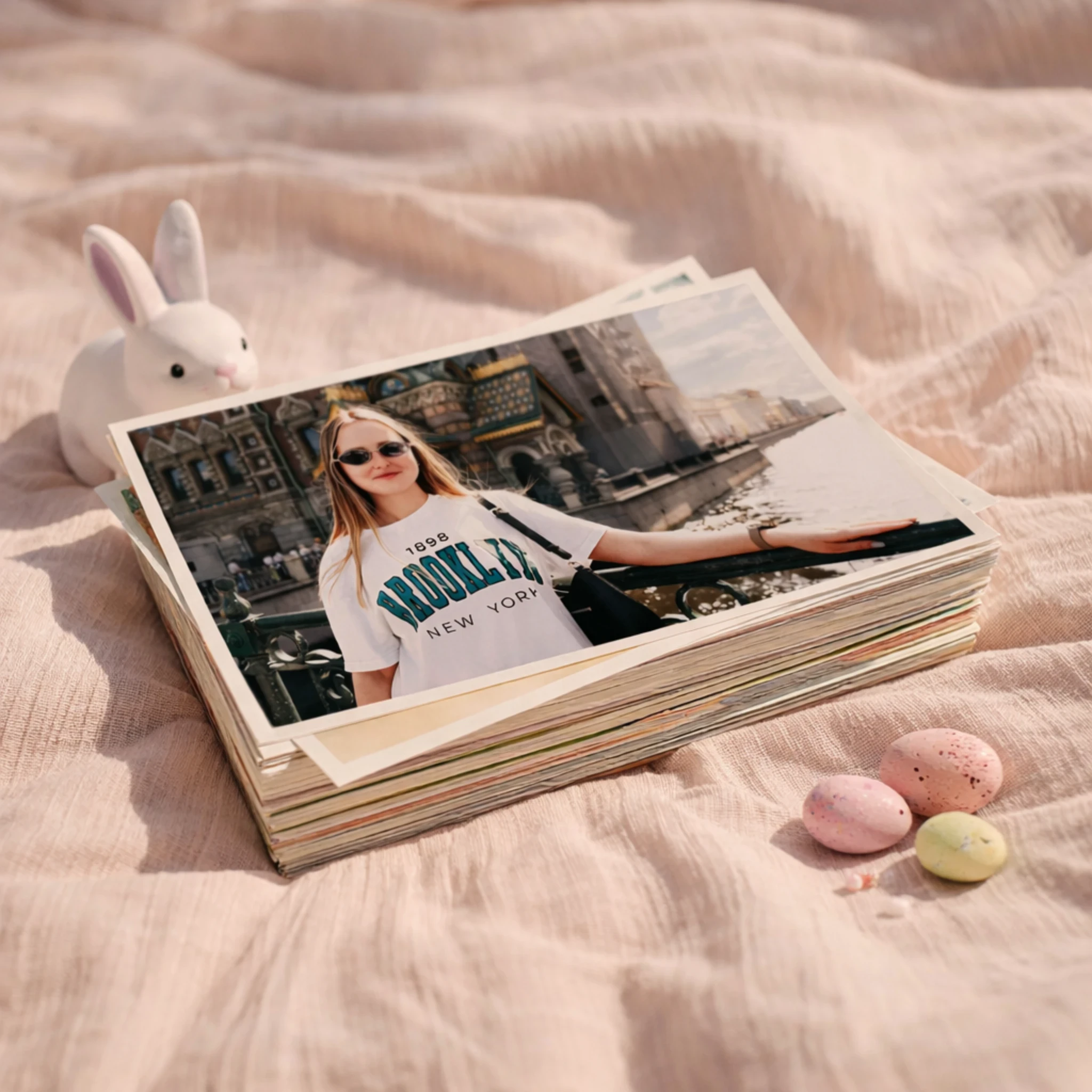 Pessoa segurando Fotolivro com foto em preto e branco de mãe beijando o filho recém-nascido, com o nome Pedro Henrique escrito na imagem