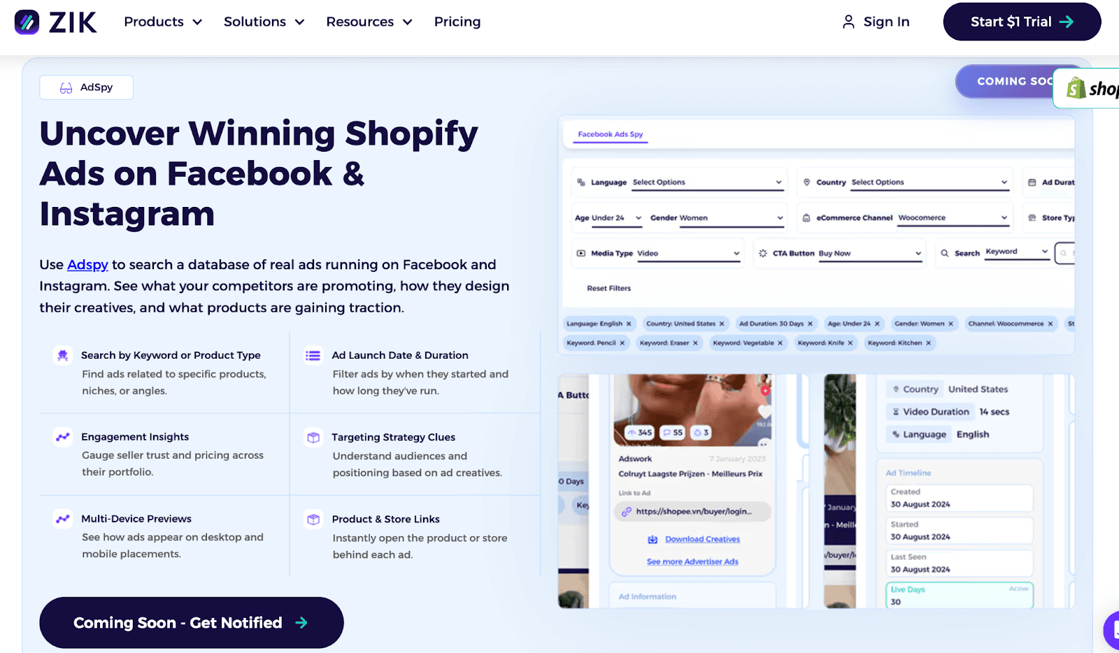 ZIK Analytics AdSpy page showing Shopify Facebook and Instagram ads research dashboard
