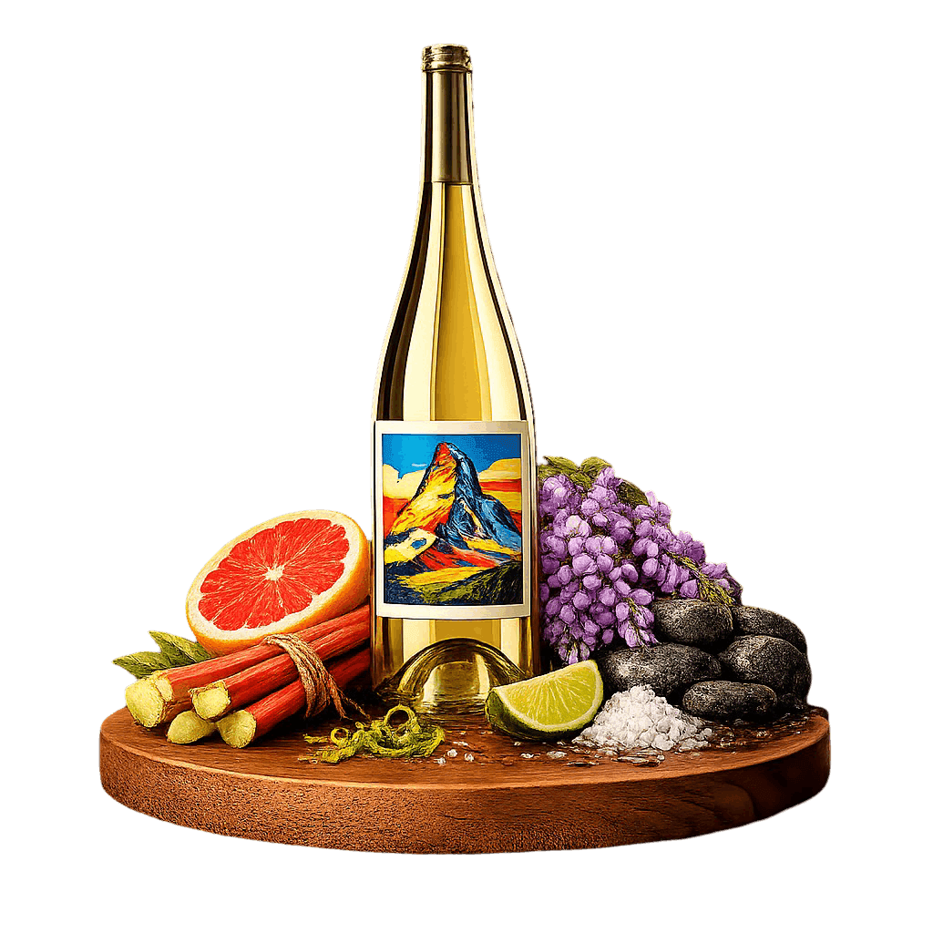 Artistic label and flavor profile for Valais Petite Arvine on a rustic wooden table.