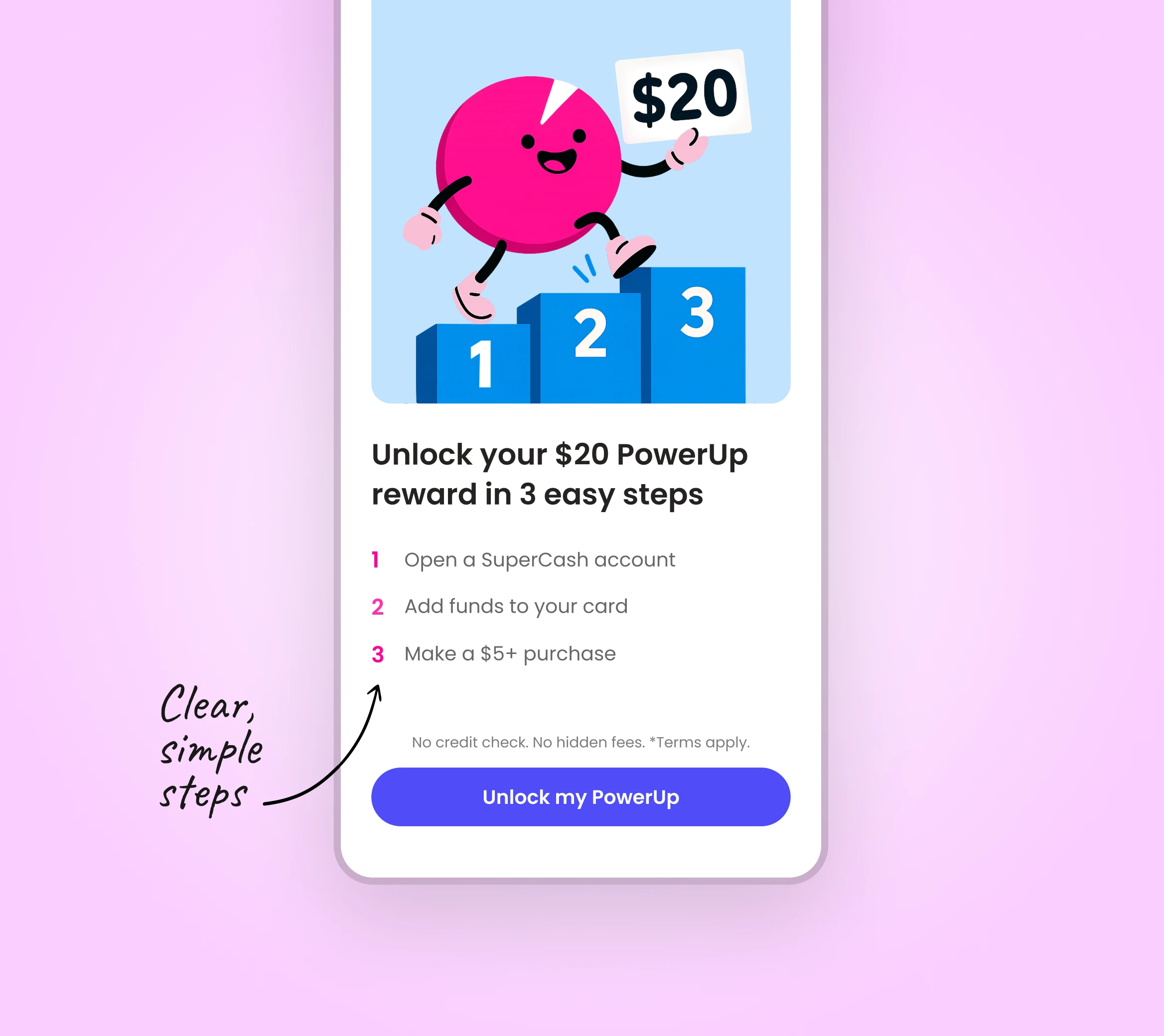 Mobile UI mockup showing Super.com’s PowerUp onboarding screen with a character illustration and 3 simple steps to unlock a $20 reward, used to test user understanding of reward clarity.”