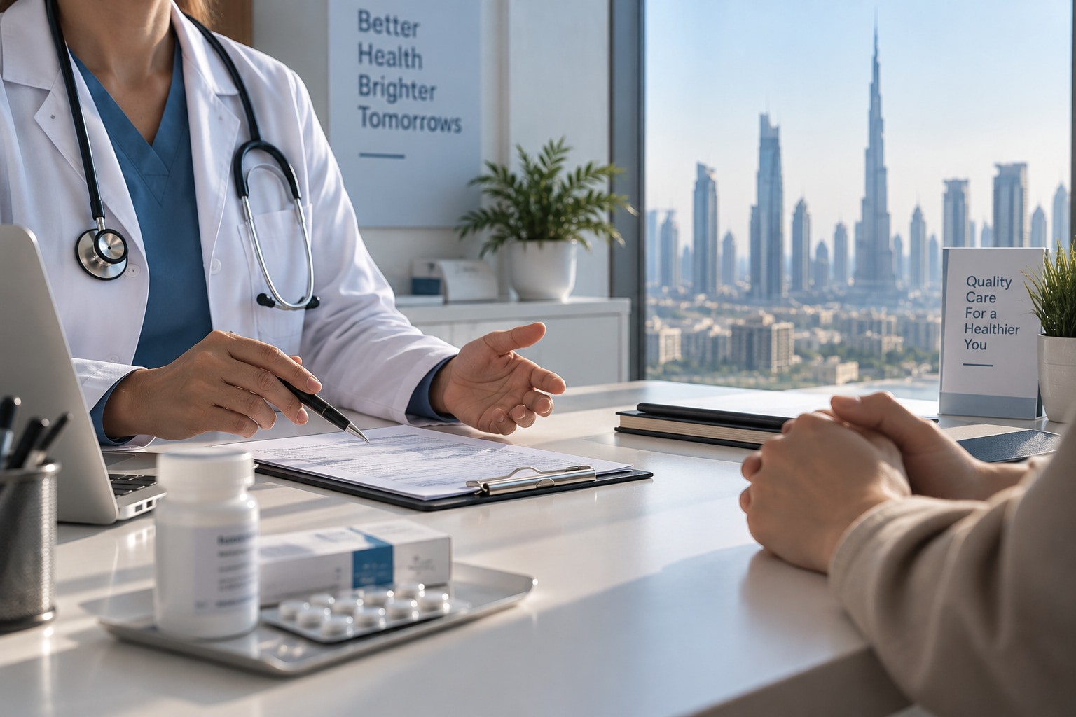 Moving to Dubai from UK with a healthcare consultation, medical records and medication in preparation for relocation. 