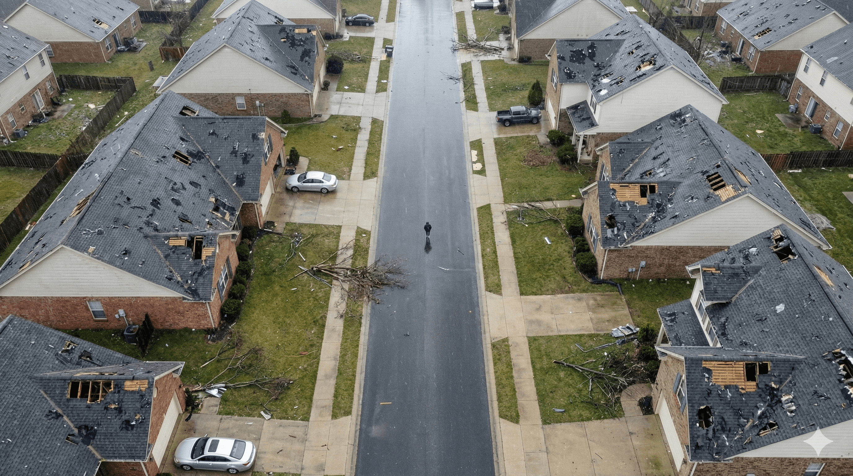 View from above a storm-damaged suburb.