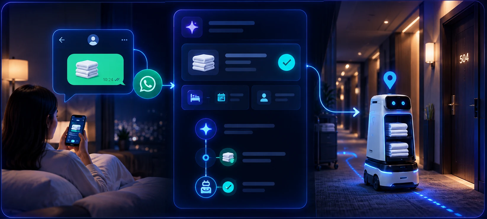 Hotel guest requests towels on WhatsApp; the AI agent dispatches a service robot to room 504