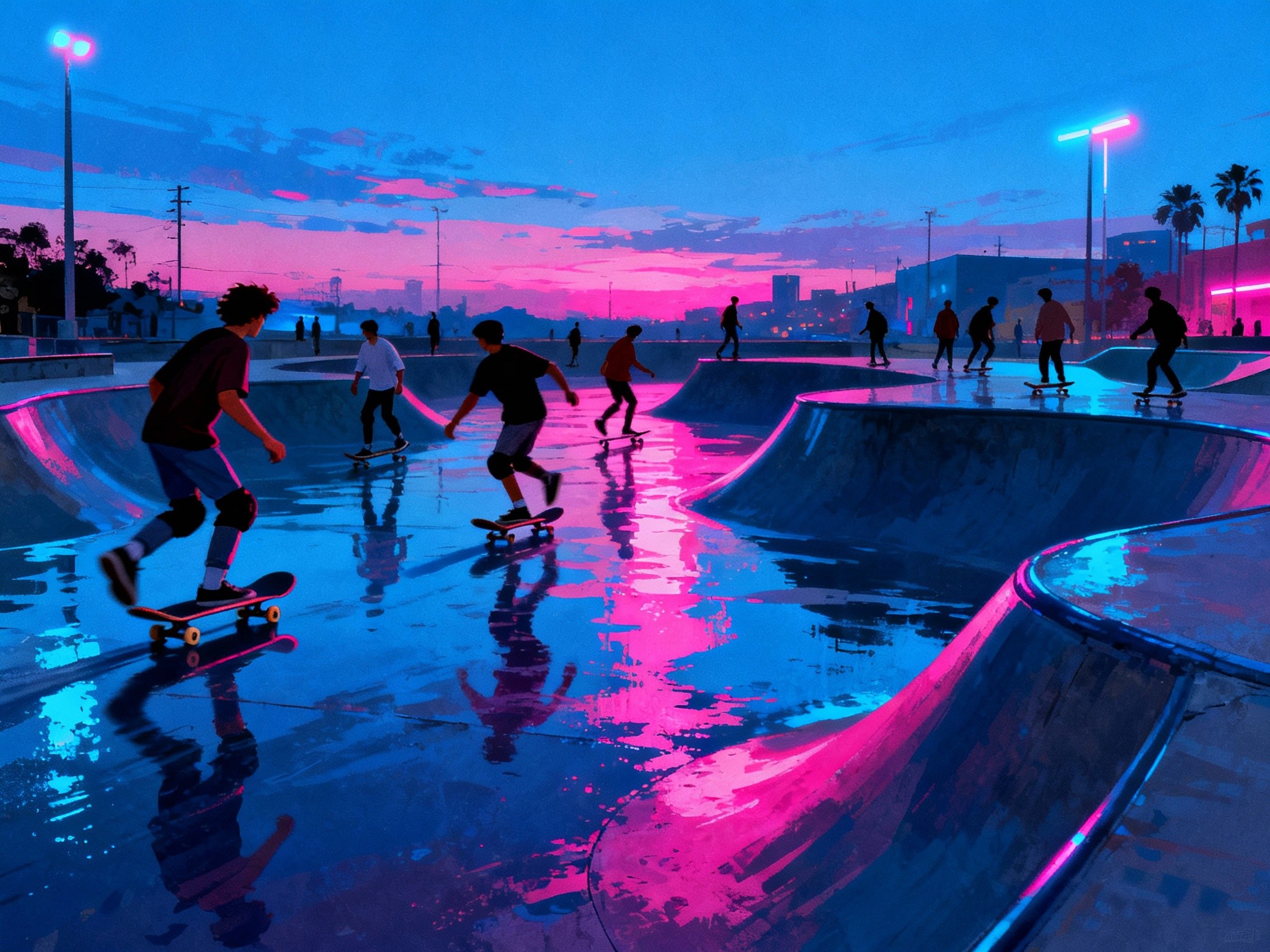 A dusk setting in an urban skate park illuminated by colorful neon lights reflecting off wet