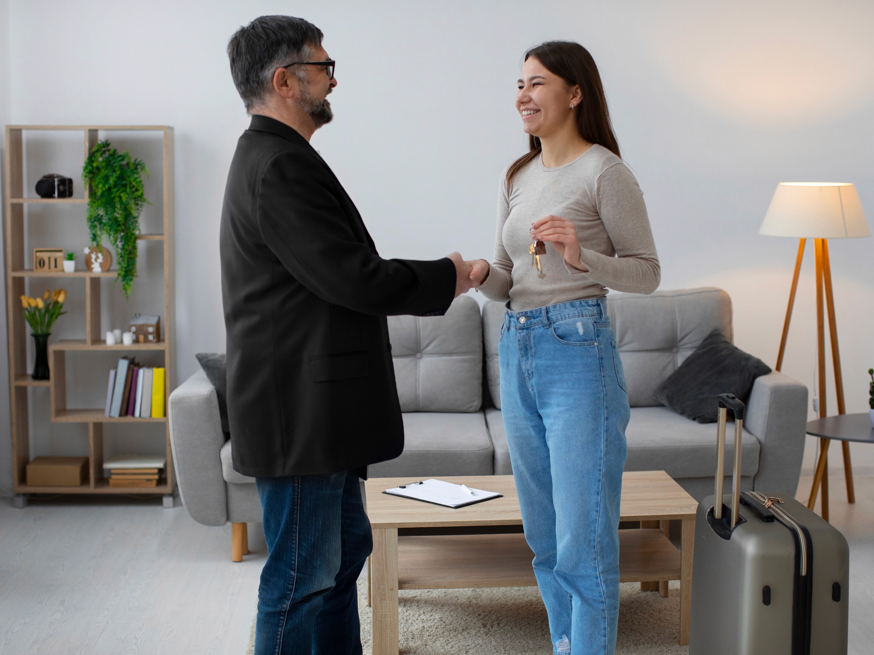 Agent & new owner shaking hands, keys visible. Smiling woman in jeans, man in suit.