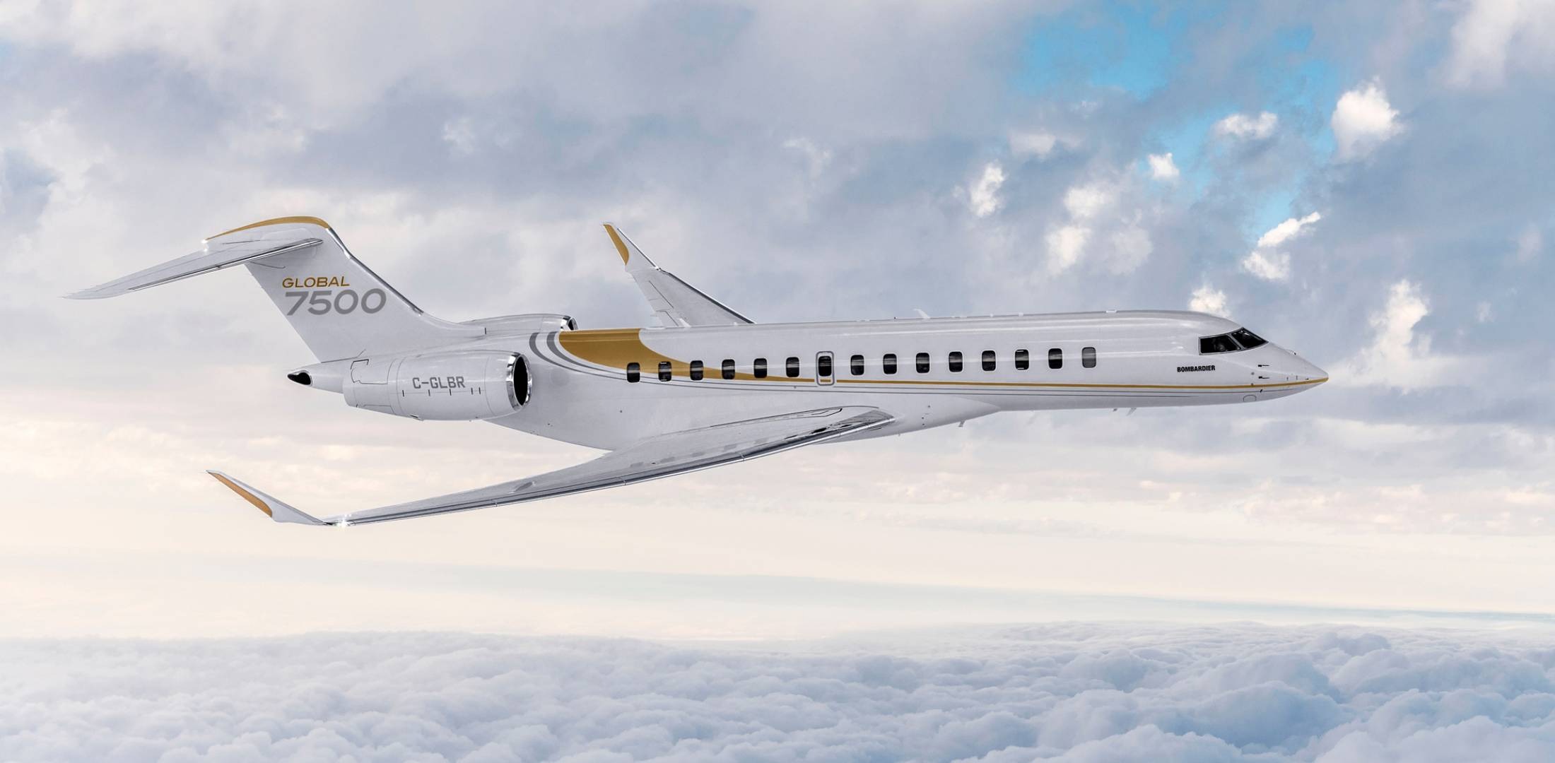 The Bombardier Global 7500 is a large ultra-long-range business jet produced by Canadian manufacturer Bombardier Aviation. Here are some of its specifications:  Crew: 2  Passengers: Up to 19  Length: 33.71 m (110 ft 7 in)  Wingspan: 31.79 m (104 ft 3 in)  Height: 7.92 m (26 ft 0 in)  Maximum take off weight: 48,300 kg (106,261 lb)  Range: 7,700 nmi (14,260 km) with 4 passengers and 4 crew  Maximum speed: Mach 0.925  Cabin length: 16.62 m (54 ft 6 in)  Cabin width: 2.41 m (7 ft 11 in)  Cabin height: 1.91 m (6 ft 3 in)  Baggage capacity: 195 cu ft (5.52 cu m)  The Global 7500 has a cabin layout that can be customized to suit the needs of the owner, with a variety of seating arrangements, entertainment options, and finishes available.     It features Bombardier's Vision flight deck and a fly-by-wire system that improves handling and reduces pilot workload. Its range and speed make it ideal for long-distance and international flights.