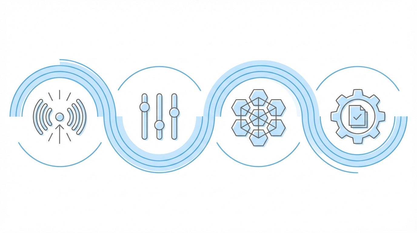 Technology tools: monitoring, automation controls, integration, and document management connected by flowing wave