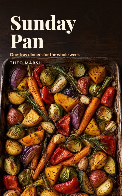 Cookbook cover template: Sunday Pan, a tray of roasted vegetables seen from above