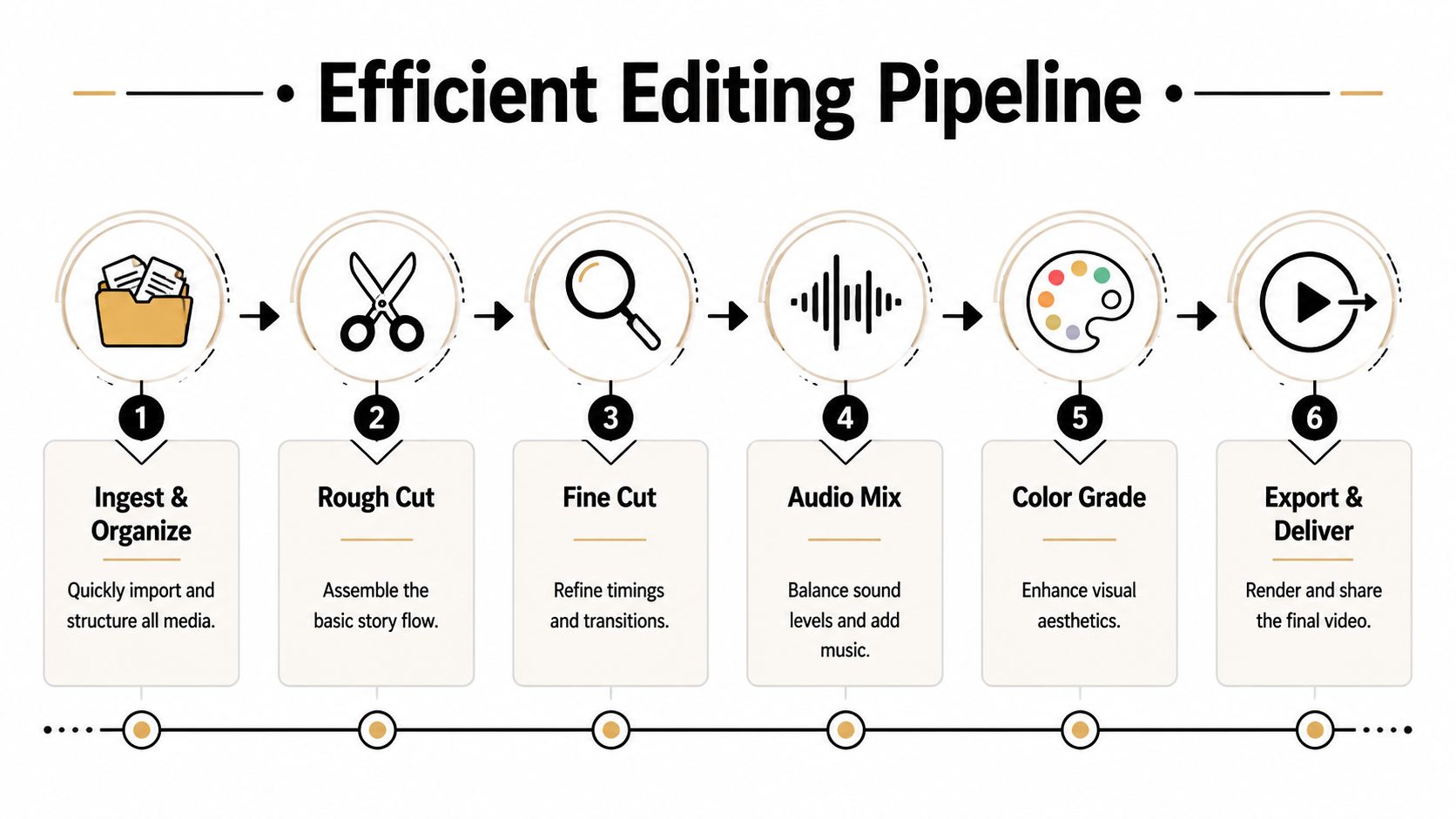 An infographic diagram outlining the six-step efficient video editing pipeline process from ingestion to final delivery.