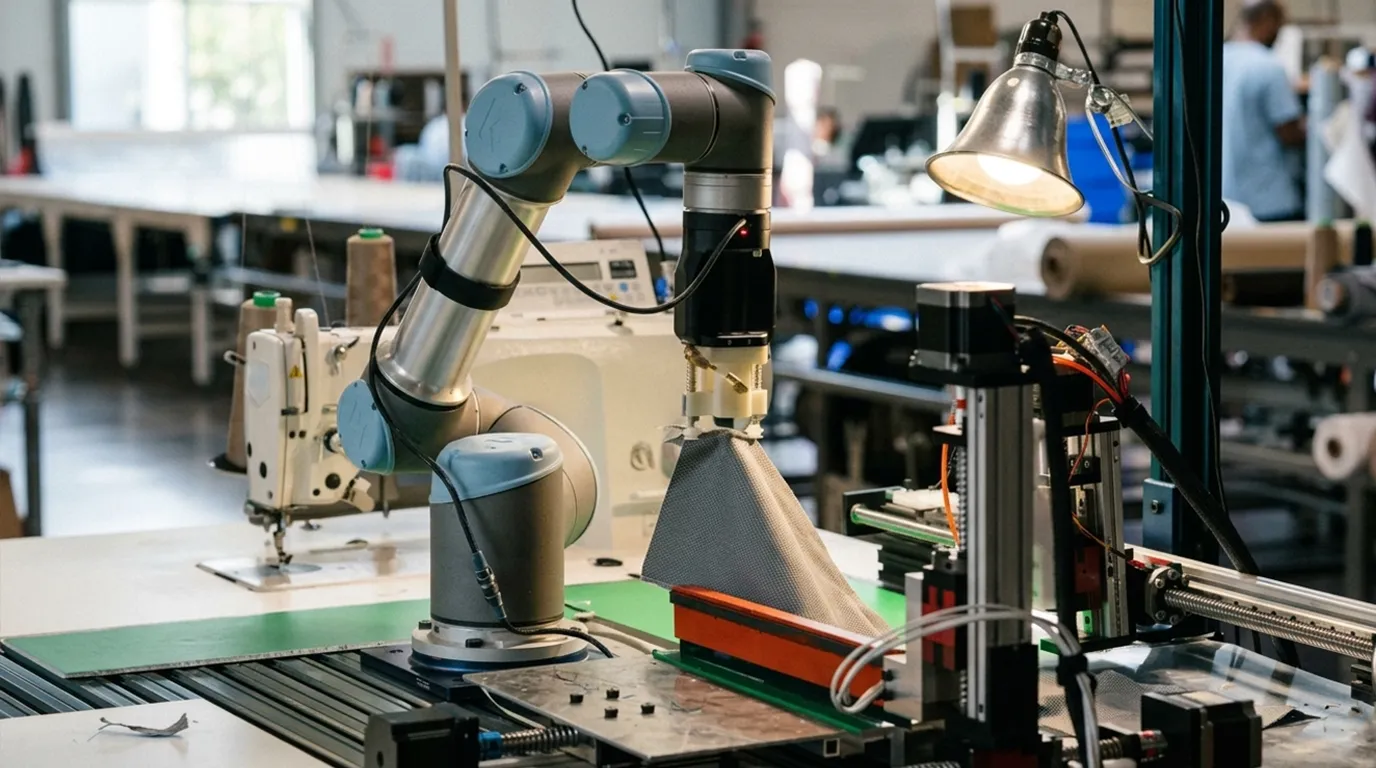 Advanced robotic automation in textile manufacturing, showcasing a collaborative robot handling fabric materials in a modern production facility to improve efficiency and precision.