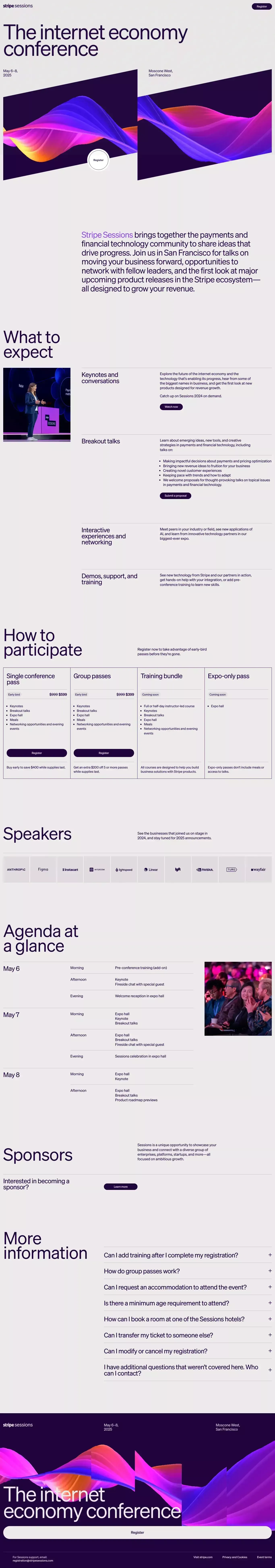 Stripe Sessions 2025 other page screenshot showcasing Event and Finance design