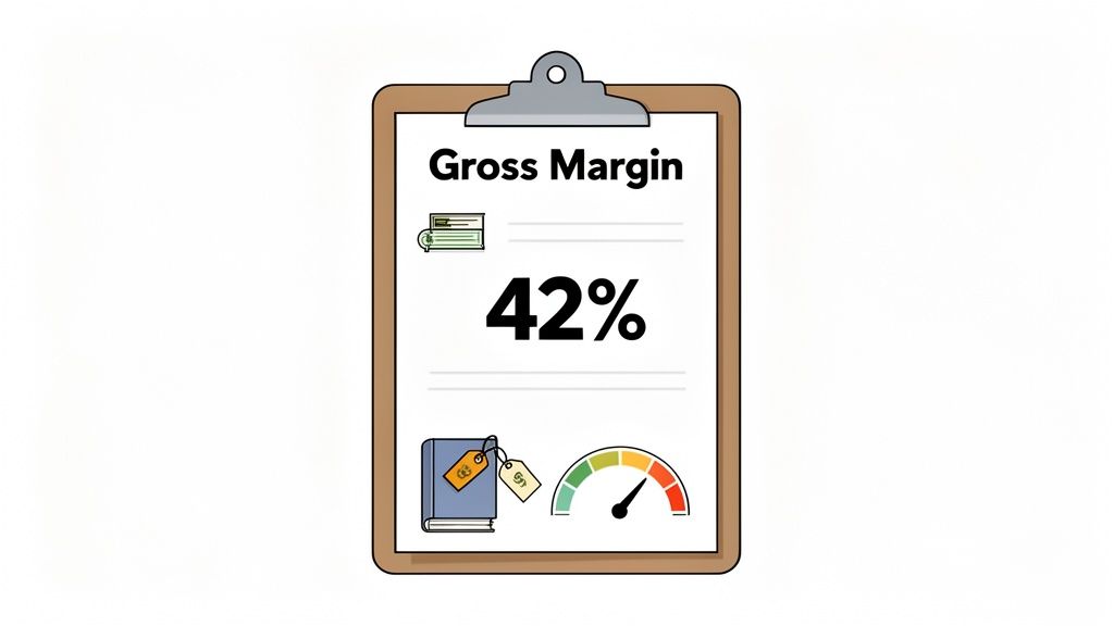 A clipboard displays 'Gross Margin' and '42%', with illustrations of money, a book, and a gauge.