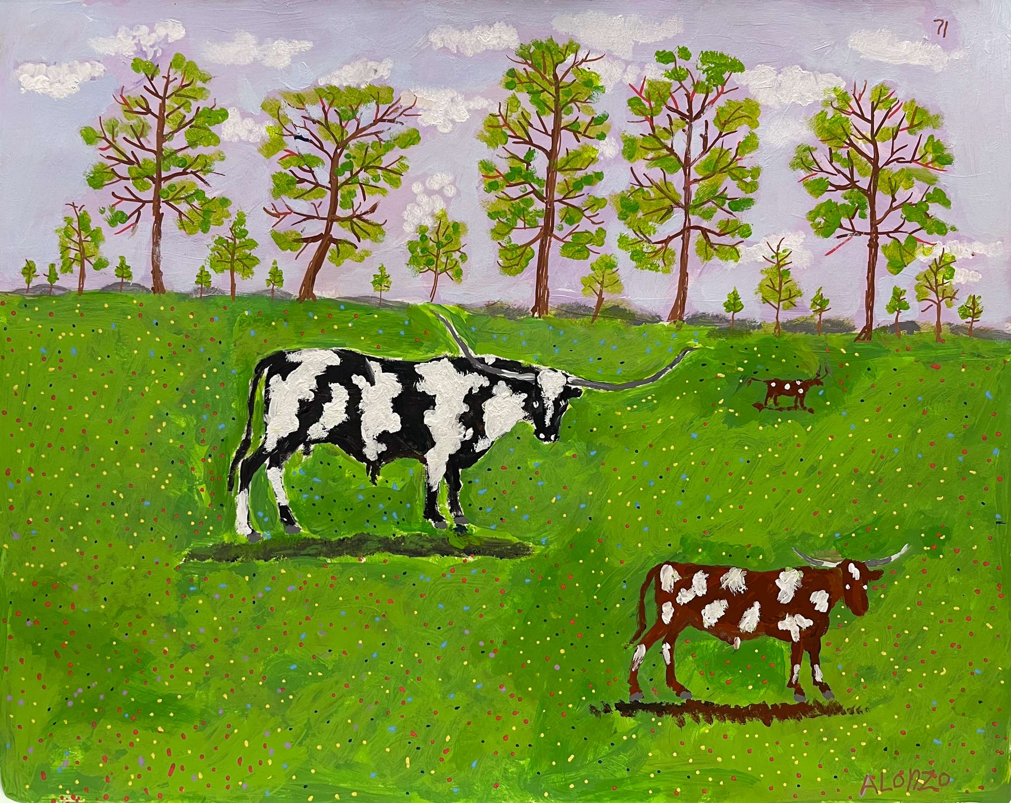 Black and white longhorn stands on bright green grass in a summer scene by Access Gallery artist Alonzo Clemens.