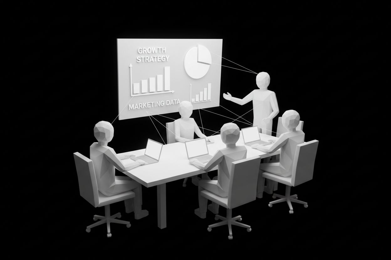 Reunión de crecimiento con gráficos de marketing y laptops