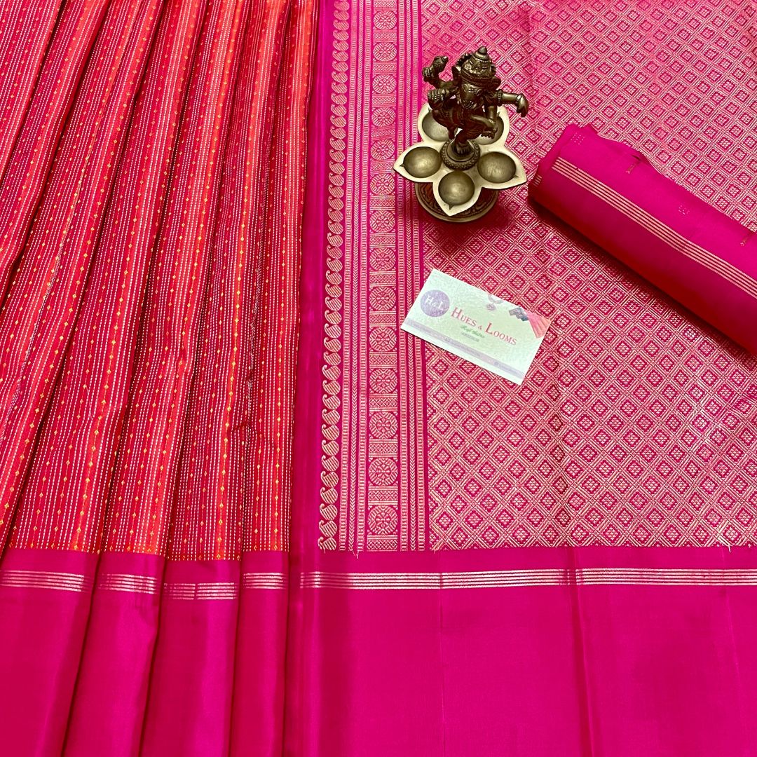 Crimson Orange and Pink Kanchivaram Silk Saree