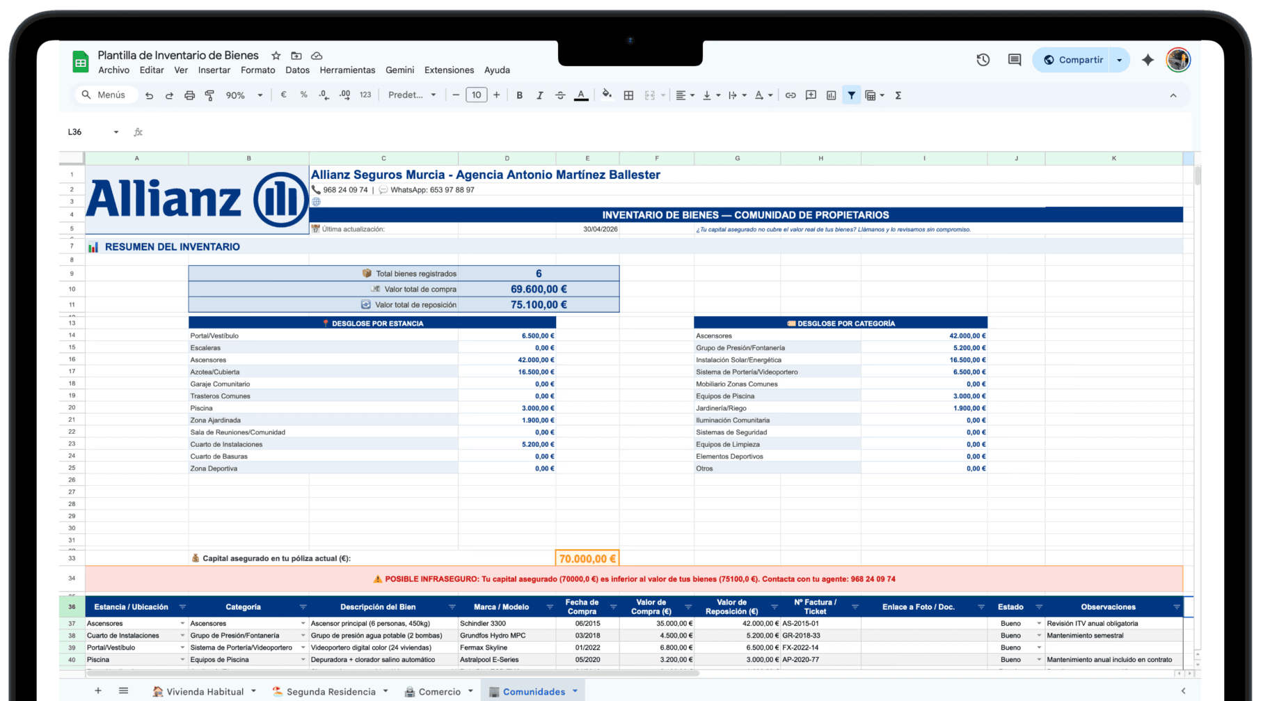 Vista previa en ordenador de la plantilla gratuita de inventario de bienes en Google Sheets, diseñada por la Agencia Allianz Murcia para calcular el capital asegurado correcto de viviendas y negocios.