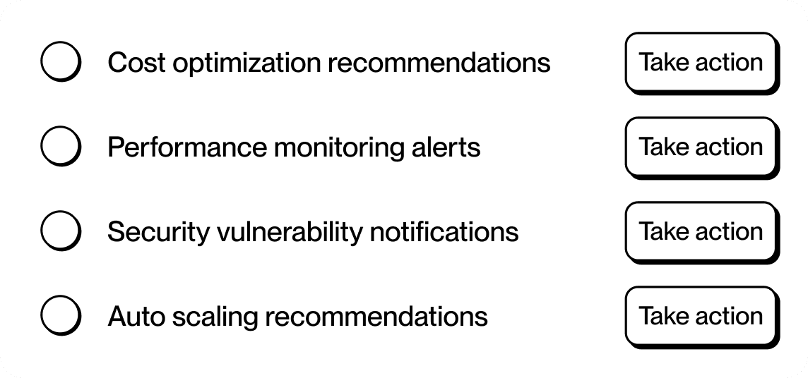 List of options for system configurations with checkboxes and buttons for action: "Take action."