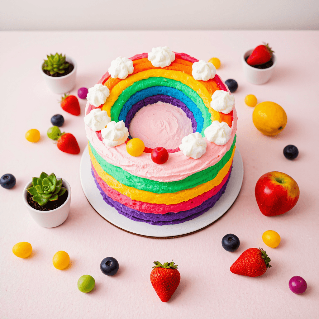 product photography of rainbow-shaped cake