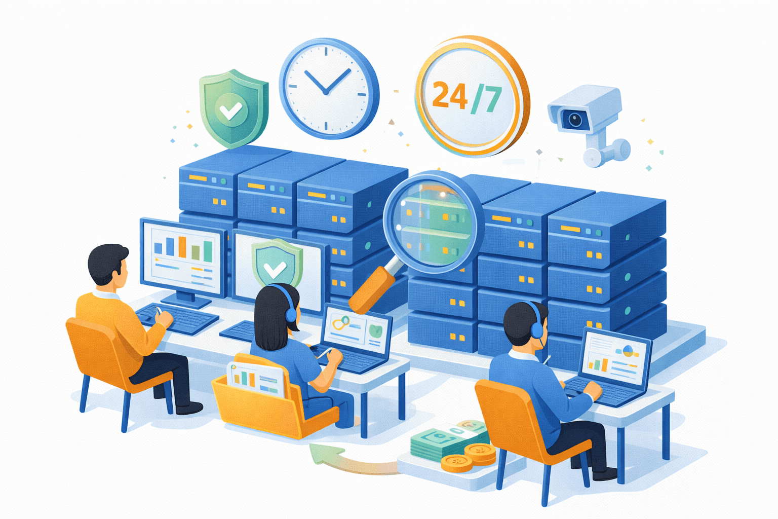 Ilustrasi 24/7 secure infrastructure monitoring & operations center. Di latar belakang terdapat deretan server data center dengan indikator aktivitas, dilengkapi ikon perisai keamanan, jam waktu, 24/7 availability, dan kamera pengawas, menandakan pemantauan berkelanjutan.  Di depan, tiga operator/analis duduk di meja kerja menggunakan komputer dengan dashboard analitik, grafik performa, dan status sistem. Sebuah kaca pembesar mengarah ke server, melambangkan inspeksi dan monitoring mendalam. Elemen koin dan panah alur di bawah menggambarkan keterkaitan antara stabilitas sistem dan nilai bisnis. Visual merepresentasikan operasi TI yang aman, selalu aktif, diawasi secara real‑time, dan berfokus pada keandalan serta keamanan data.