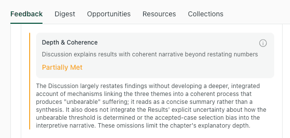 thesify discussion feedback for depth and coherence marked partially met with notes about synthesis