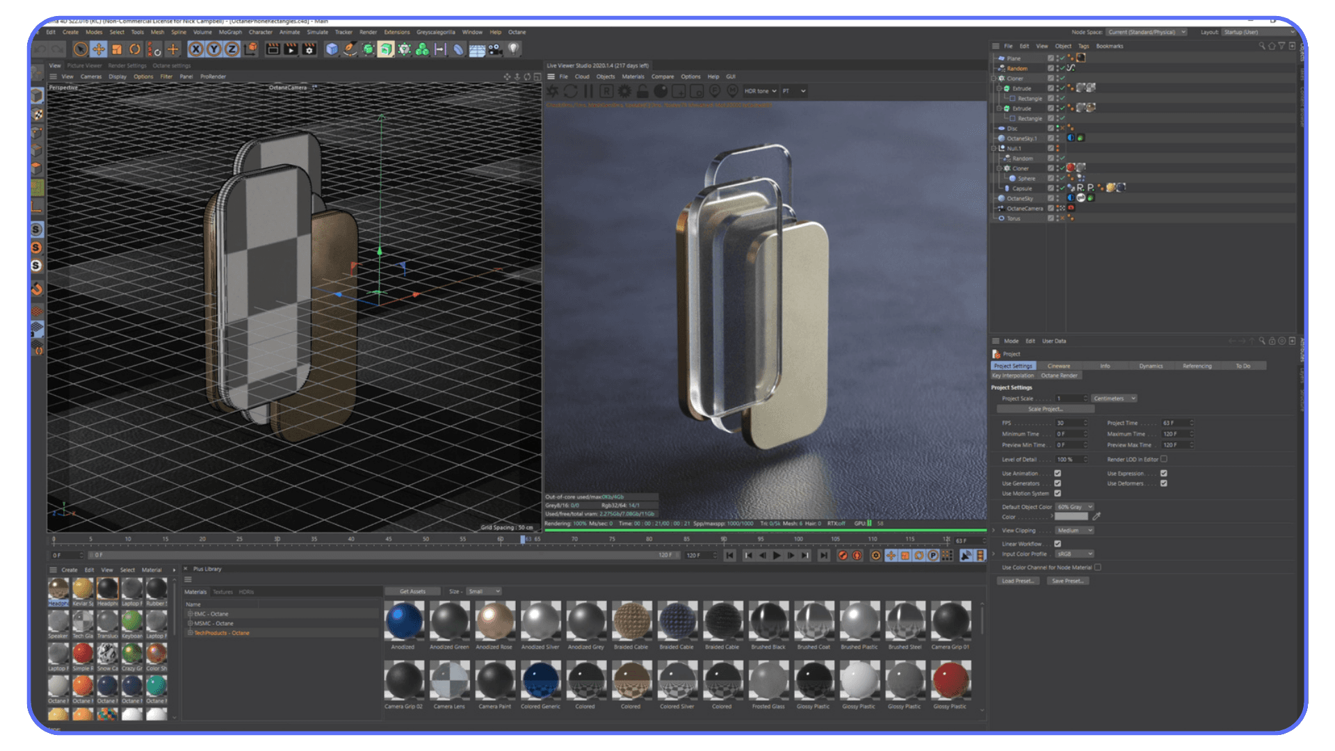 Cinema 4D workspace showing a 3D product model alongside material editor and render preview