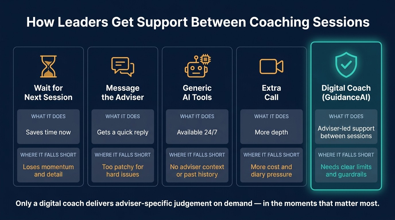 How Leaders Get Support Between Coaching Sessions: 5 Options Compared