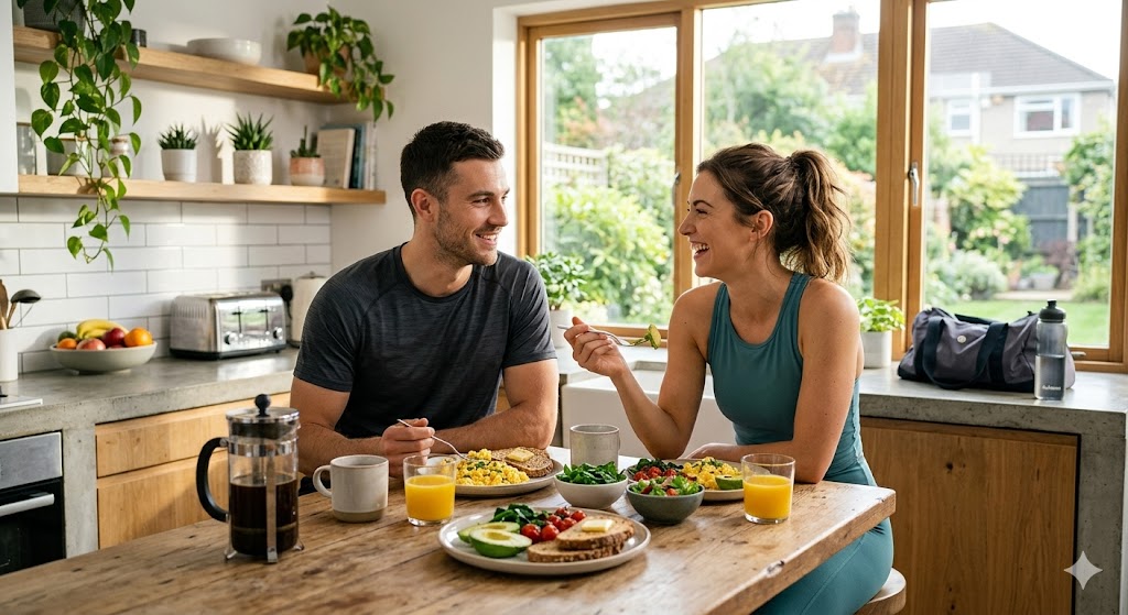 A realistic photograph of a smiling athletic young man and woman enjoying a high-protein breakfast of scrambled eggs, avocado, and vegetables in a sunlit modern kitchen after a morning workout.