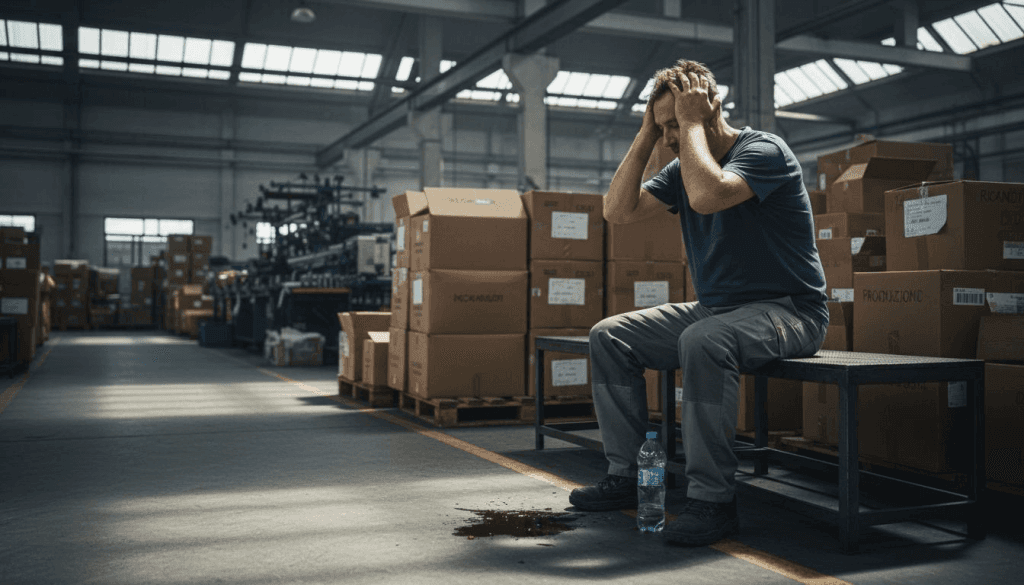 Un operaio esausto si riposa seduto tra i macchinari della fabbrica, con lo sguardo perso dopo una lunga giornata di lavoro.